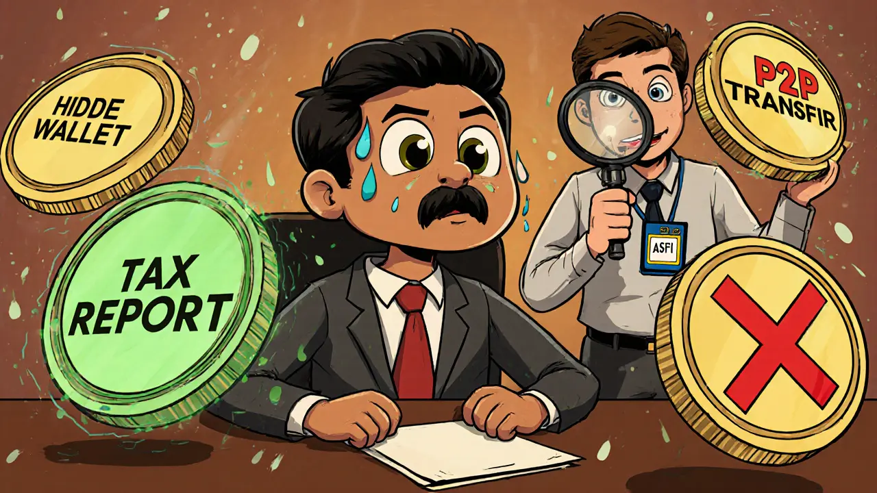 A businessman surrounded by crypto tokens, with a regulator watching as he files taxes.