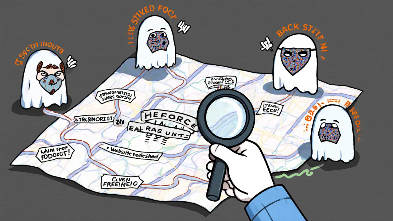 A confused explorer examining a map with dead-end paths labeled &#039;No Updates&#039; and &#039;Team Vanished&#039;, surrounded by scammer ghosts.