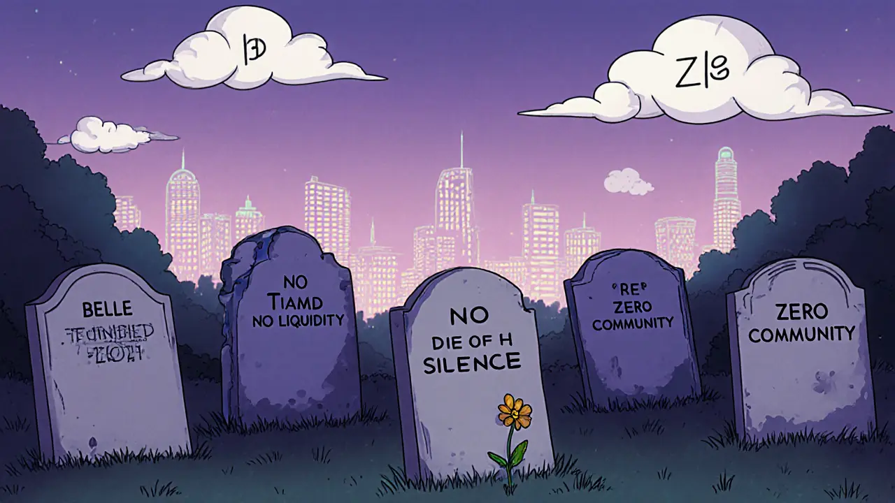 A crypto graveyard with a tombstone for BELLE, surrounded by signs of its failures, under a twilight sky.