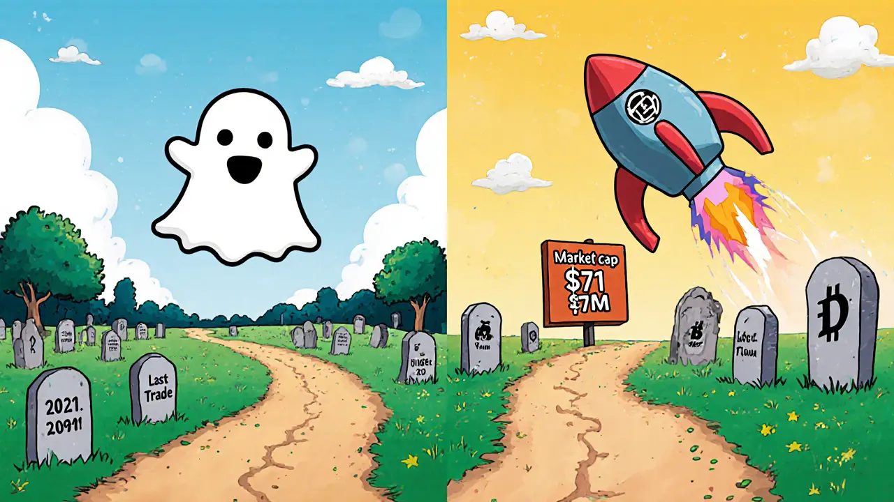 A ghost token in a blockchain graveyard vs. a rocketing DOG token with a thriving market cap.