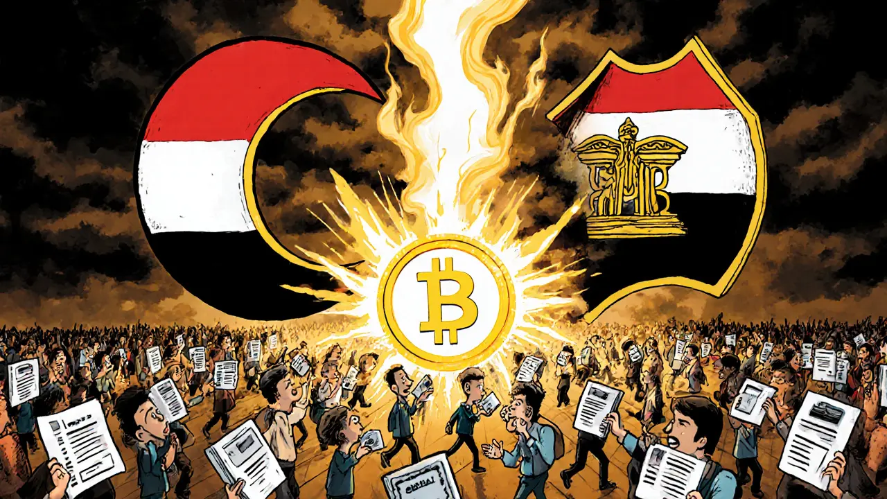 A giant religious and financial symbol clash above Egyptians holding crypto wallets in a cartoon scene.