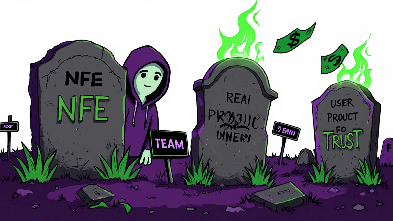 A graveyard of failed crypto projects with tombstones for NFE and lost trust
