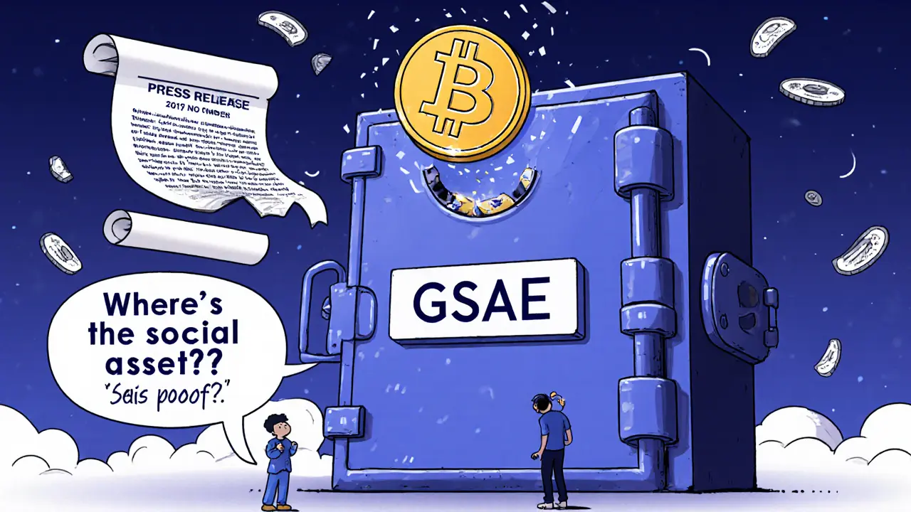 A hollow vault labeled GSAE swallows a Bitcoin whole, with a broken press release floating nearby.