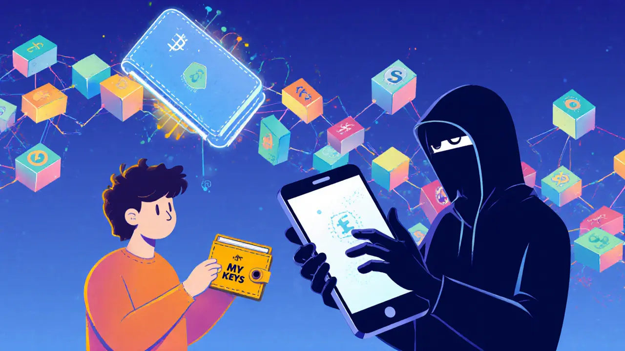 A person holding a safe wallet while a hacker reaches for a phone, contrasting secure and risky crypto storage.