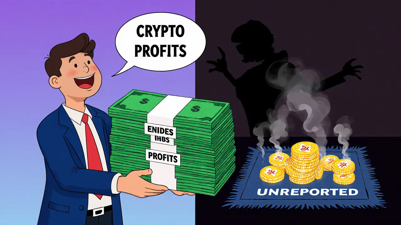 A person pays owed crypto taxes while another hides coins under a transparent rug.