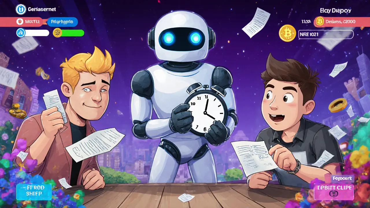 A robot referee catches cheating in a game using signed state updates with a dispute timer.