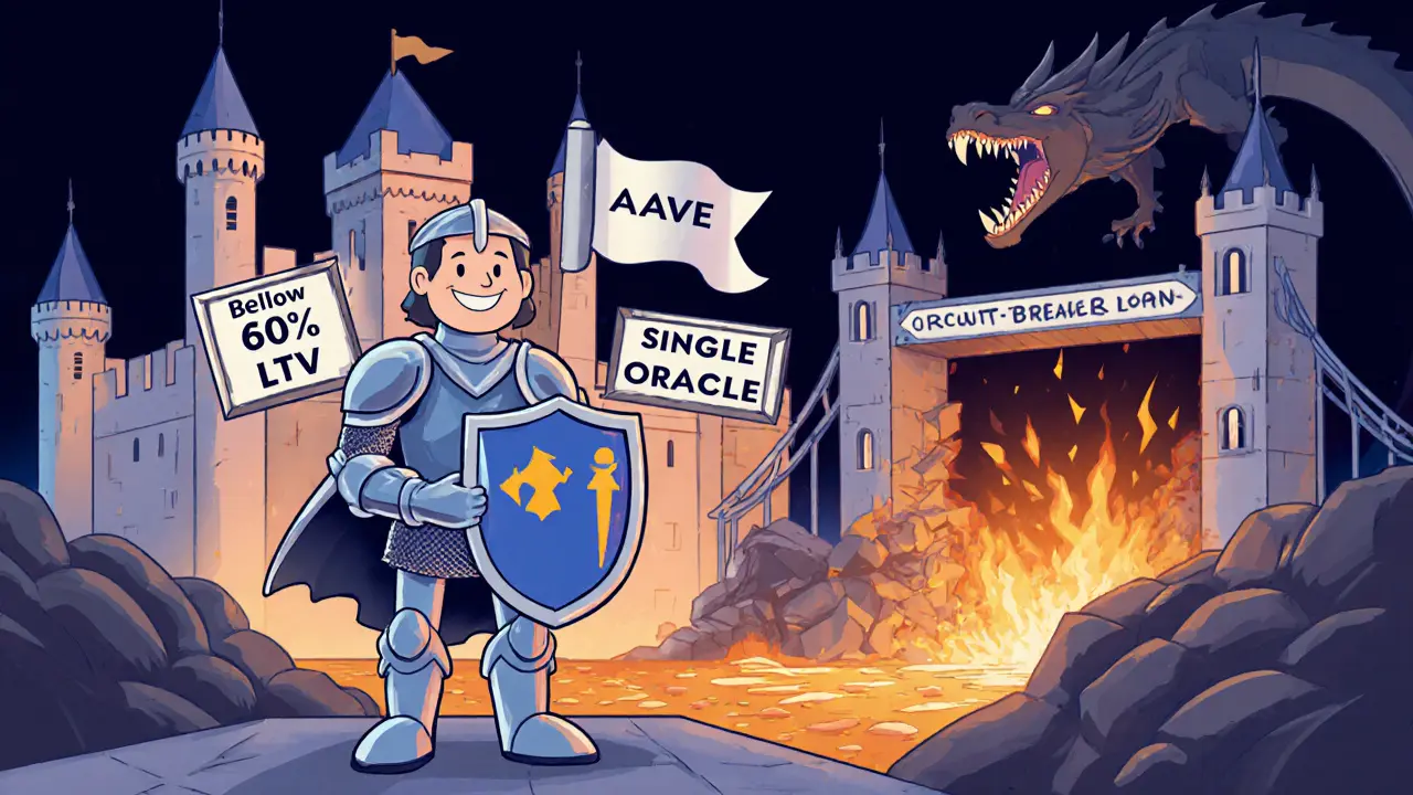 A user protected by a hardware wallet and safety practices, standing safely before a secure DeFi protocol castle.