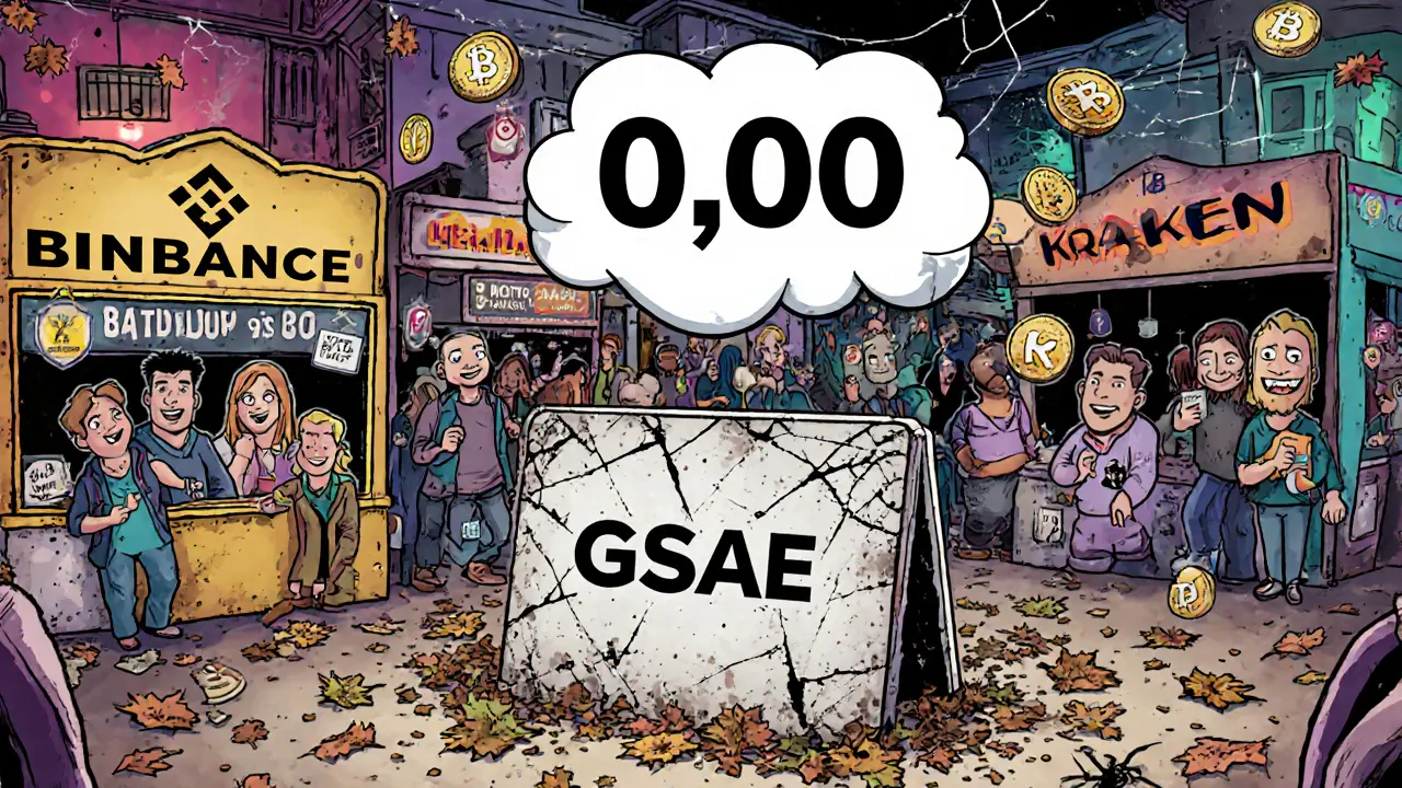 A vibrant crypto marketplace with active exchanges, while a dusty, abandoned GSAE sign lies ignored in the corner.