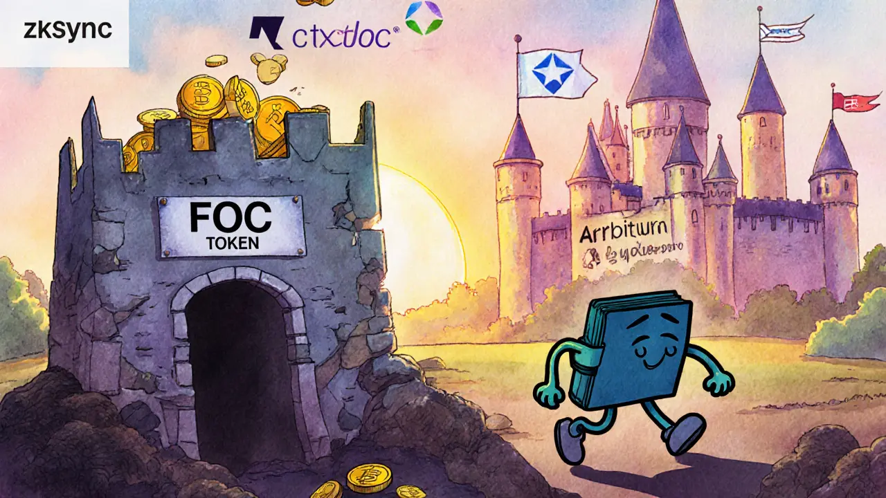 A walking wallet tossing FOC coins into a pit while thriving crypto castles glow in the distance under a sunrise.