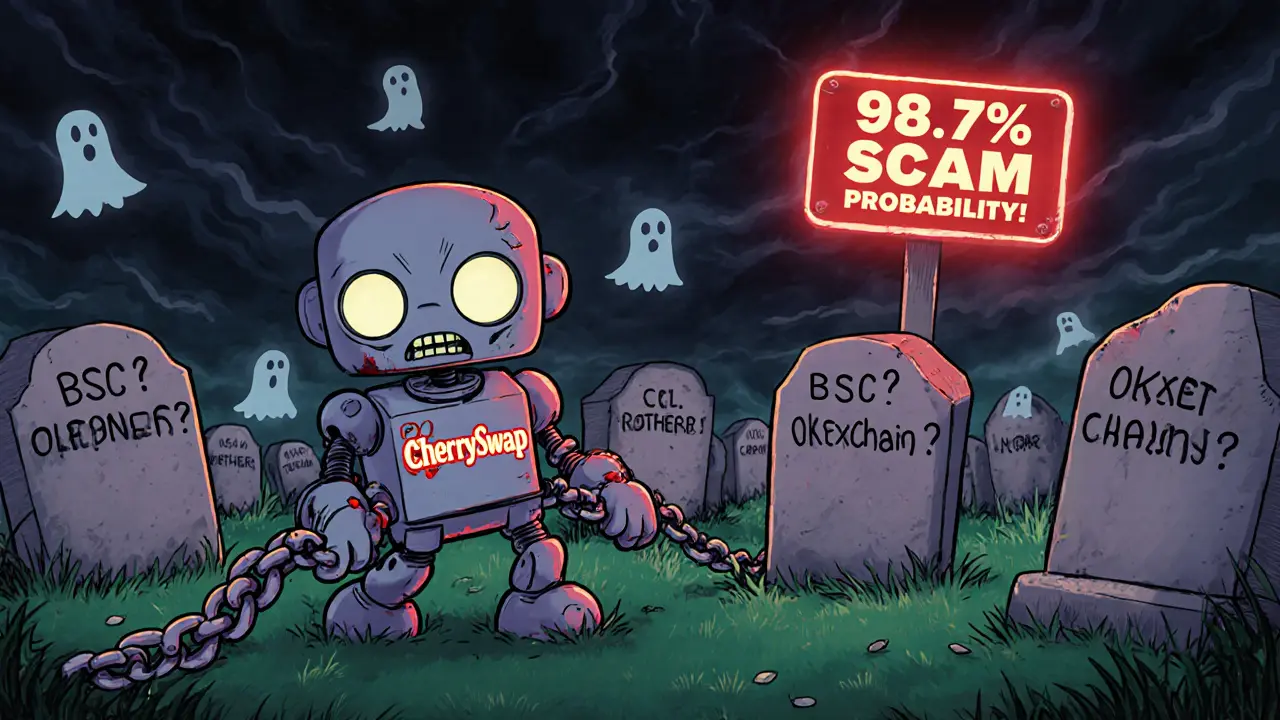 A zombie blockchain robot dragging empty transaction chains through a crypto graveyard in cartoon style.