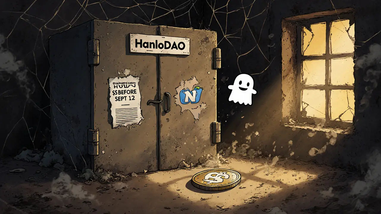 Abandoned HaloDAO vault with a lonely RNBW token and peeling CoinMarketCap logo, covered in cobwebs.