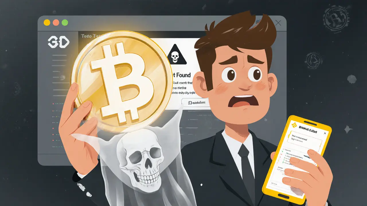 An investor staring at a Binance guide while the BELLE coin fades away, with a &#039;Token Not Found&#039; warning on screen.