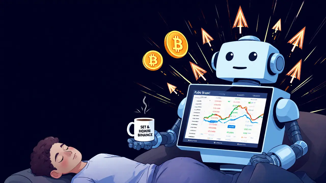 Automated trading bot buying low on Coinlim and selling high on Binance with profit arrows.