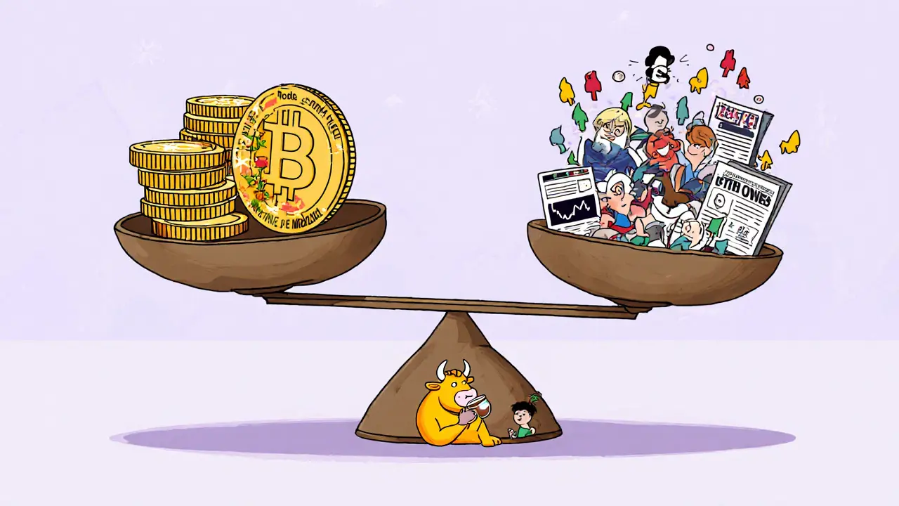 Balance scale favors crypto fundamentals over memes and hype in a cartoon-style scene.