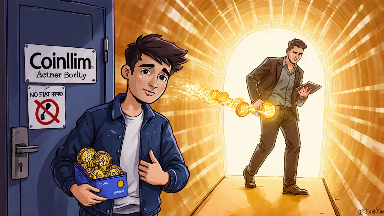 Beginner blocked from Coinlim by a &#039;No Fiat&#039; sign while a pro transfers crypto smoothly.