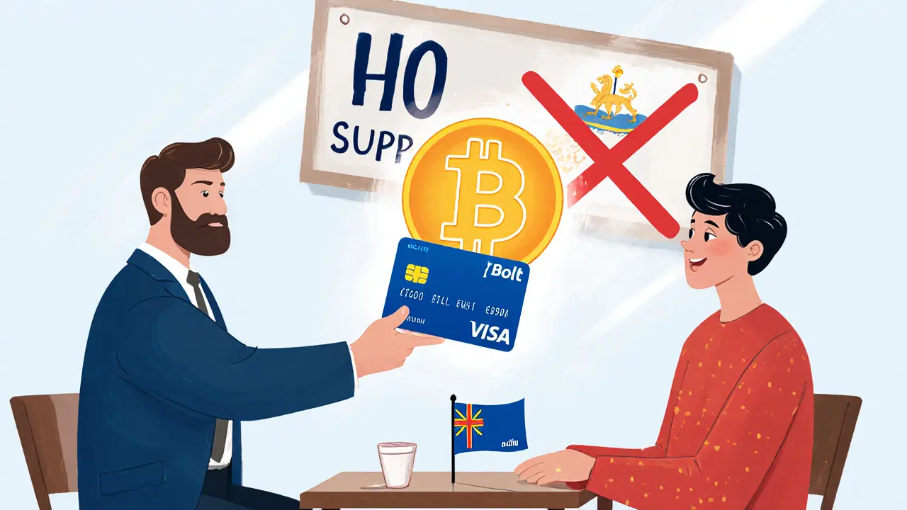 Business owner gives Bolt Card to freelancer in café, Bitcoin converting to euros.