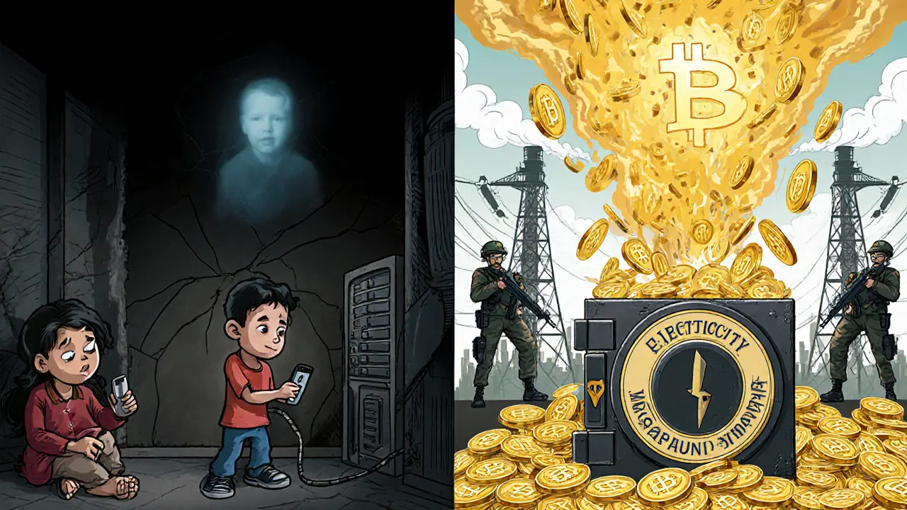 Cartoon contrast between impoverished families in blackout and IRGC mining facility with golden Bitcoin.