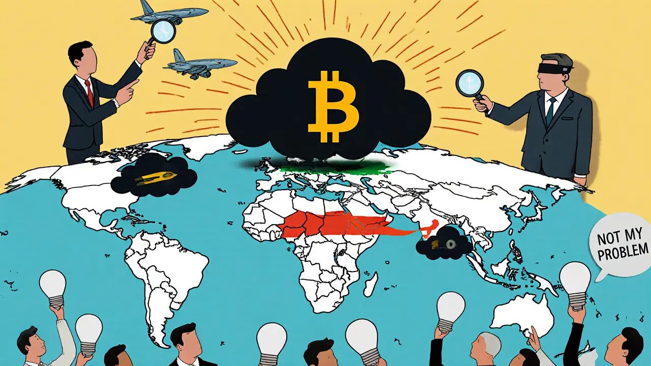 Cartoon map showing Iran&#039;s Bitcoin fueling weapons across the Middle East while the world looks away.