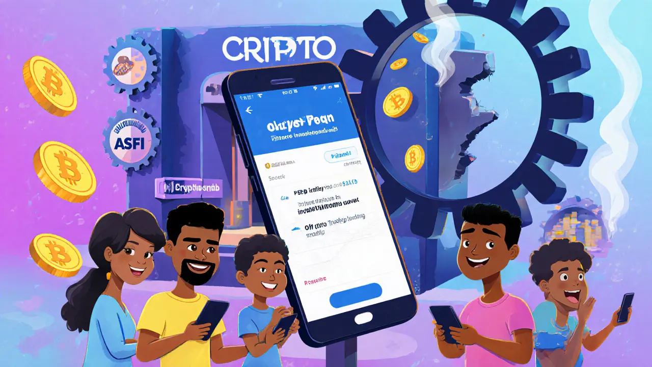 Citizens using a bank app to buy USDT while a smooth regulatory system operates behind them.