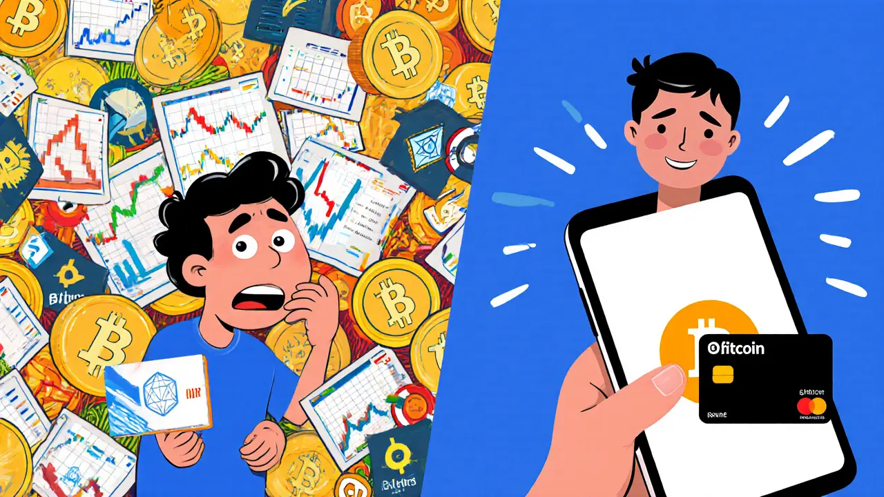 Confused trader overwhelmed by altcoins vs. calm user buying Bitcoin simply.