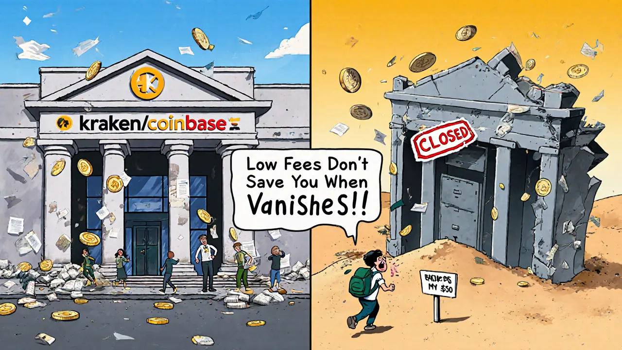 Contrasting cartoon: trusted exchange with audits vs. collapsing DIFX building as user runs away with savings.