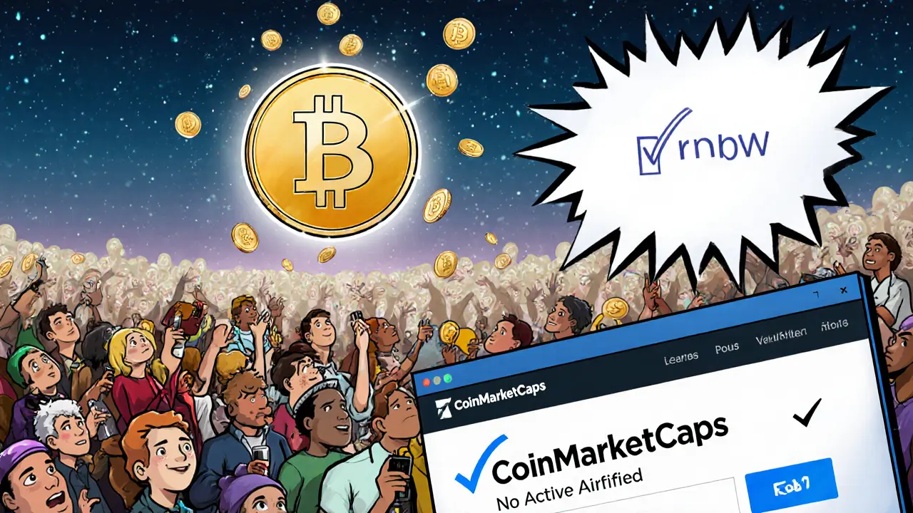Crowd chasing a mirage of CoinMarketCap logo while a real website shows &#039;No Active Airdrops&#039; on screen.