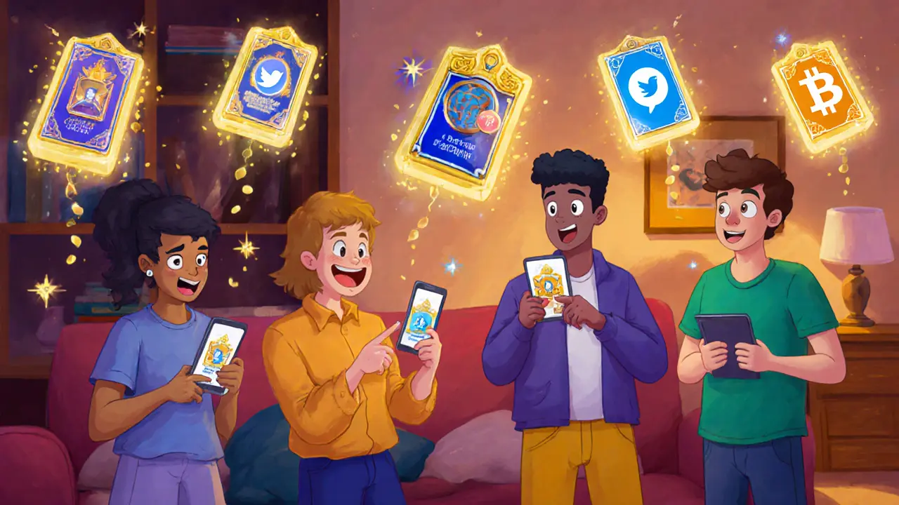 Group of players excitedly engaging with ASPO World app on phones, with NFT boxes floating nearby.