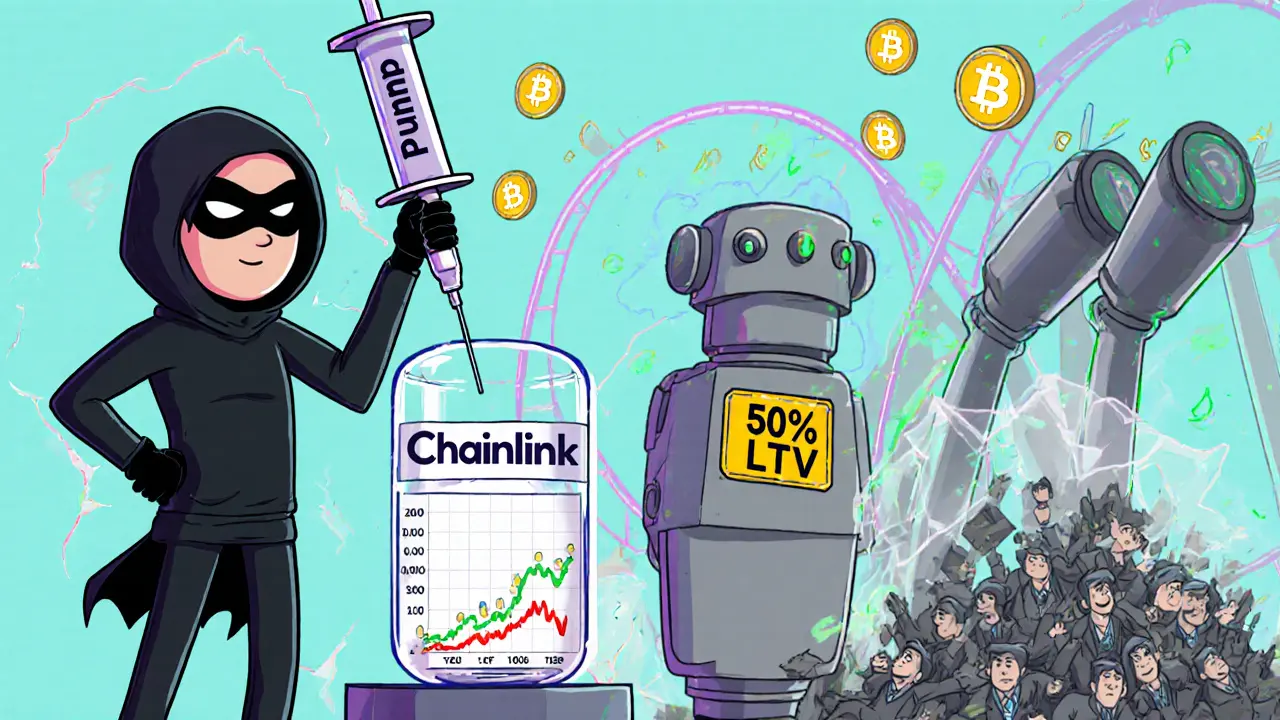 Hacker injecting fake price data into an oracle while a lending robot blindly trusts the inflated numbers.