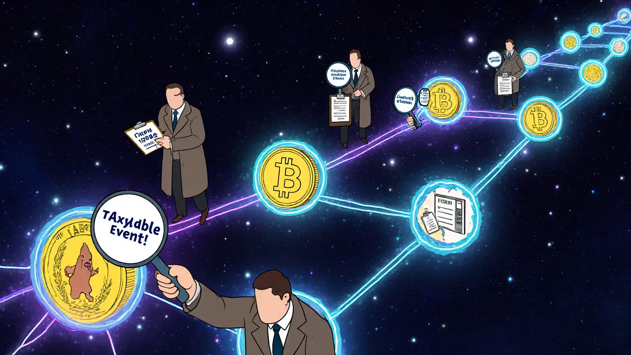 IRS agents trace crypto transactions along a glowing blockchain chain with magnifying glasses.