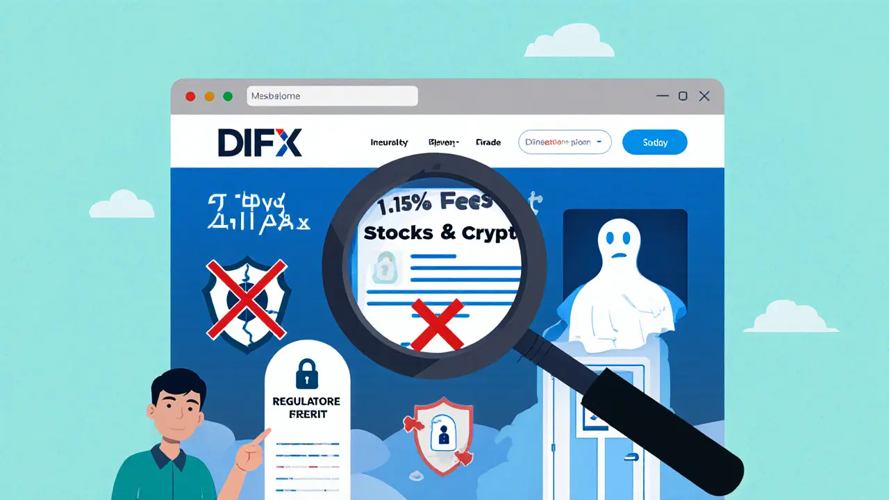 Magnifying glass exposing hidden red flags on DIFX&#039;s website like missing licenses and no audit proof.