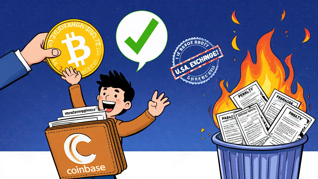 Moving crypto from a foreign wallet to a U.S. exchange with a green checkmark and penalty notices burning.