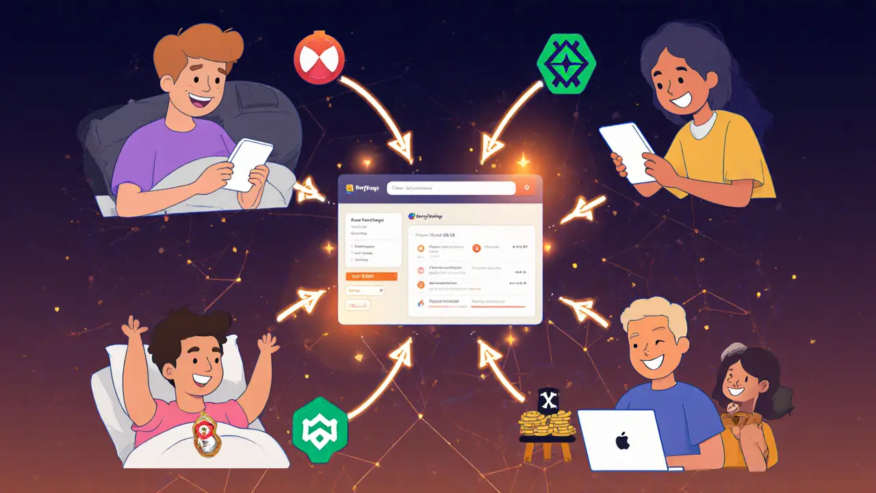 People using PartySwap on phones and laptops across different locations with cross-chain arrows connecting them.