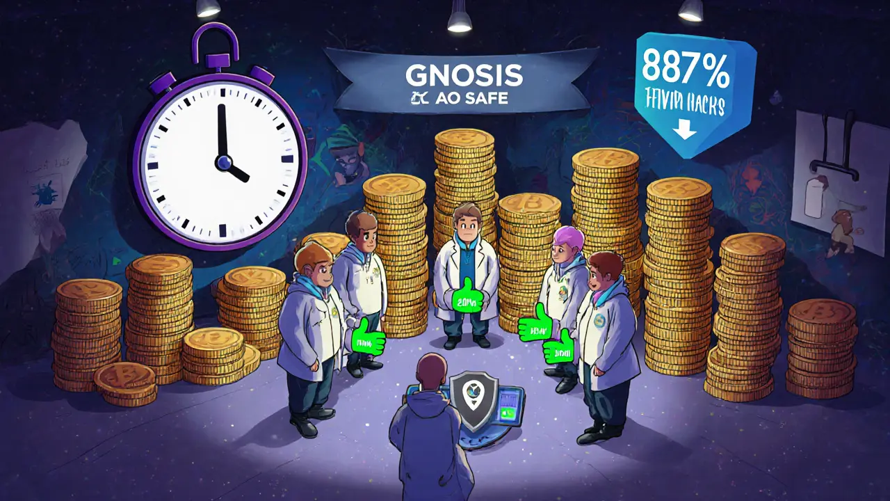 Seven cartoon signers voting to approve a treasury transaction with a timelock timer.