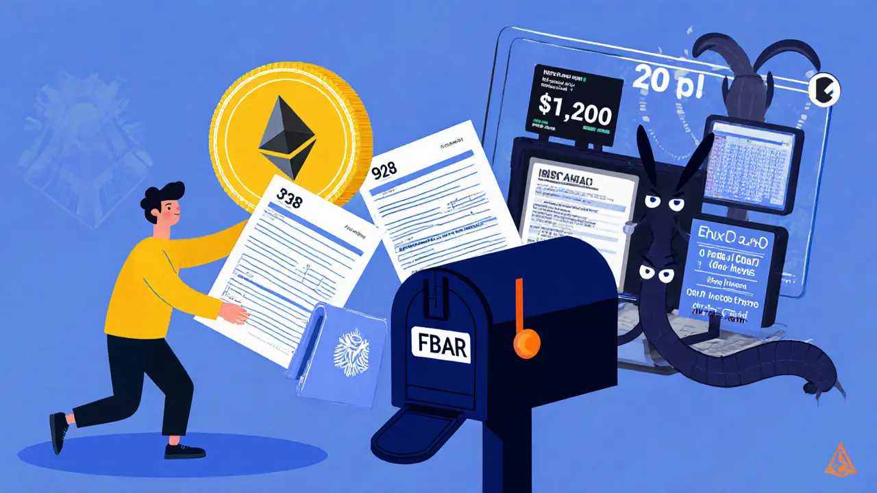 Someone submitting two tax forms while a giant Ethereum coin and a blockchain crawler watch.