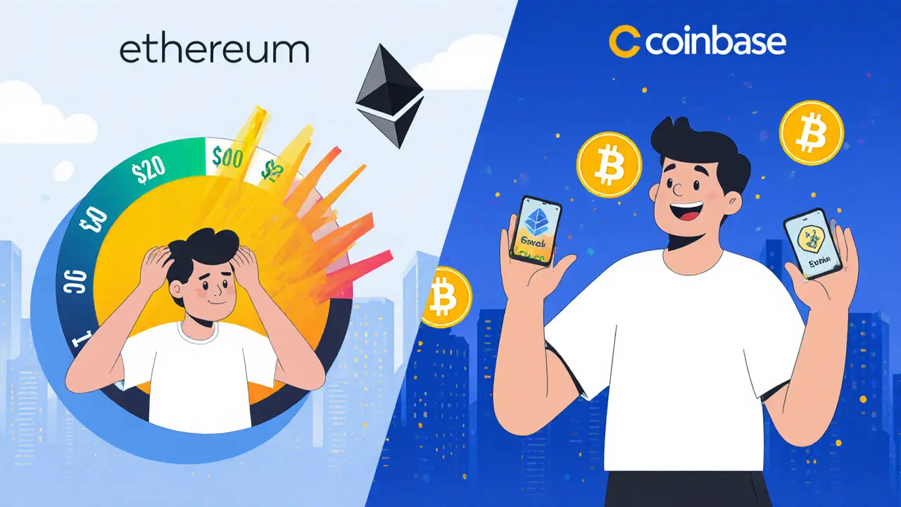 Split cartoon scene comparing high Ethereum fees to low Base fees for crypto trading