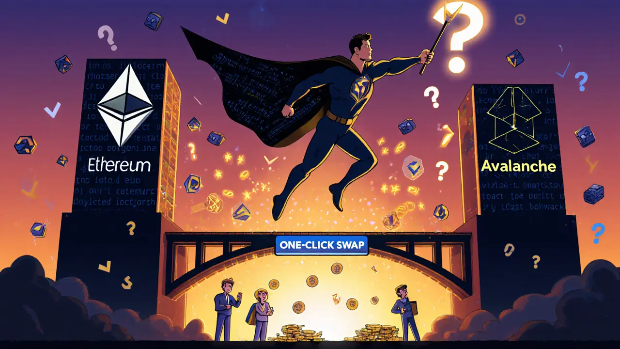 Superhero &#039;PartySwap Man&#039; merging blockchains with a magic wand while users watch in awe.