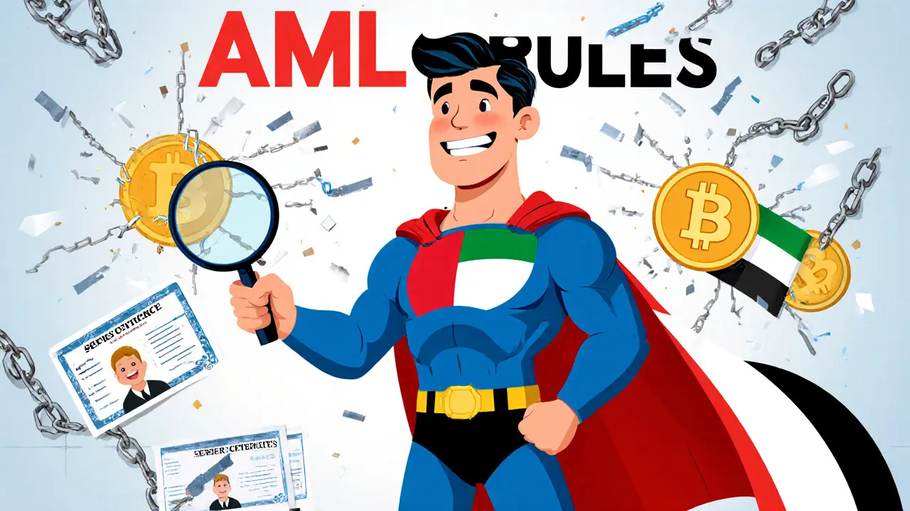 Superhero compliance officer breaking crypto fraud chains with magnifying glass