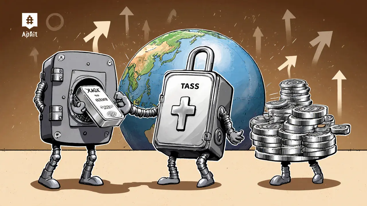 Three cartoon wallets: XAGx gives silver bar, TASS needs 150 tokens, SRT needs 999 for one coin.