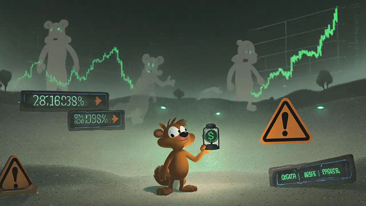 Tiny Scrat holding a token in a digital blockchain wasteland