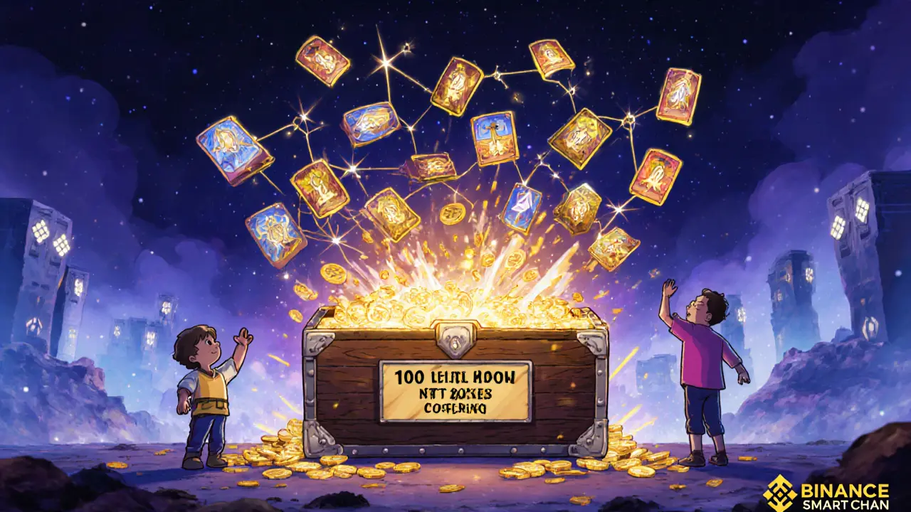 Treasure chest bursting with $ASPO tokens and rare cards forming a constellation of the ASPO logo.