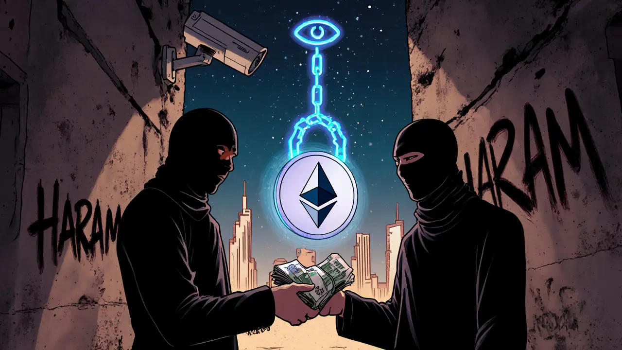 Two people trading cash for crypto in a shadowy alley with surveillance and religious graffiti.