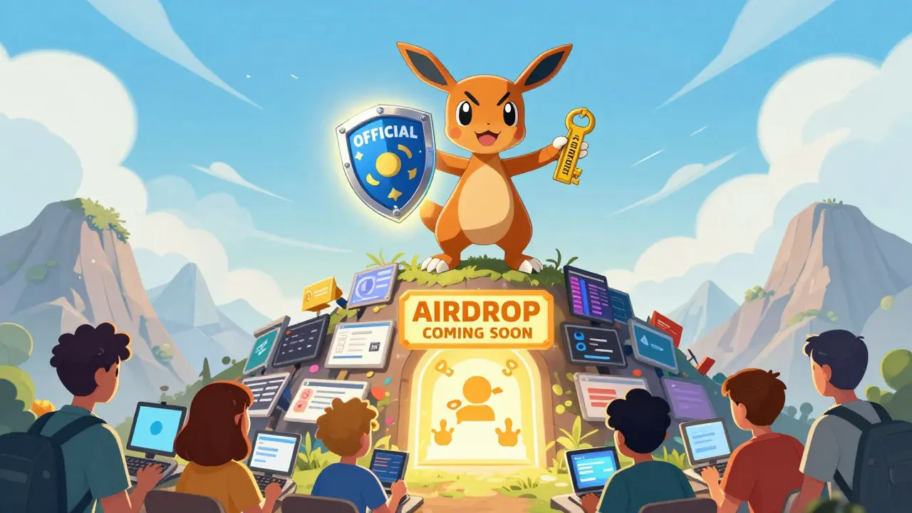 A brave Playermon defends players from scam websites, guarding a portal to a real upcoming airdrop.