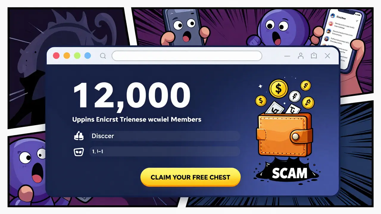A cartoon Discord server with a fake claim button draining a wallet into a black hole, shocked users in background.