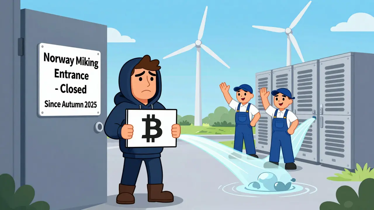 A confused miner at a closed door labeled 'No New Mines' as Norwegians use energy for hospitals and factories.