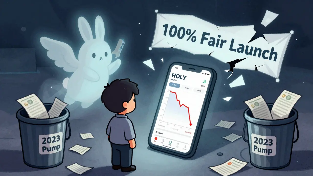 A lonely investor watching HOLY's price crash, surrounded by fading charity promises and broken banners.