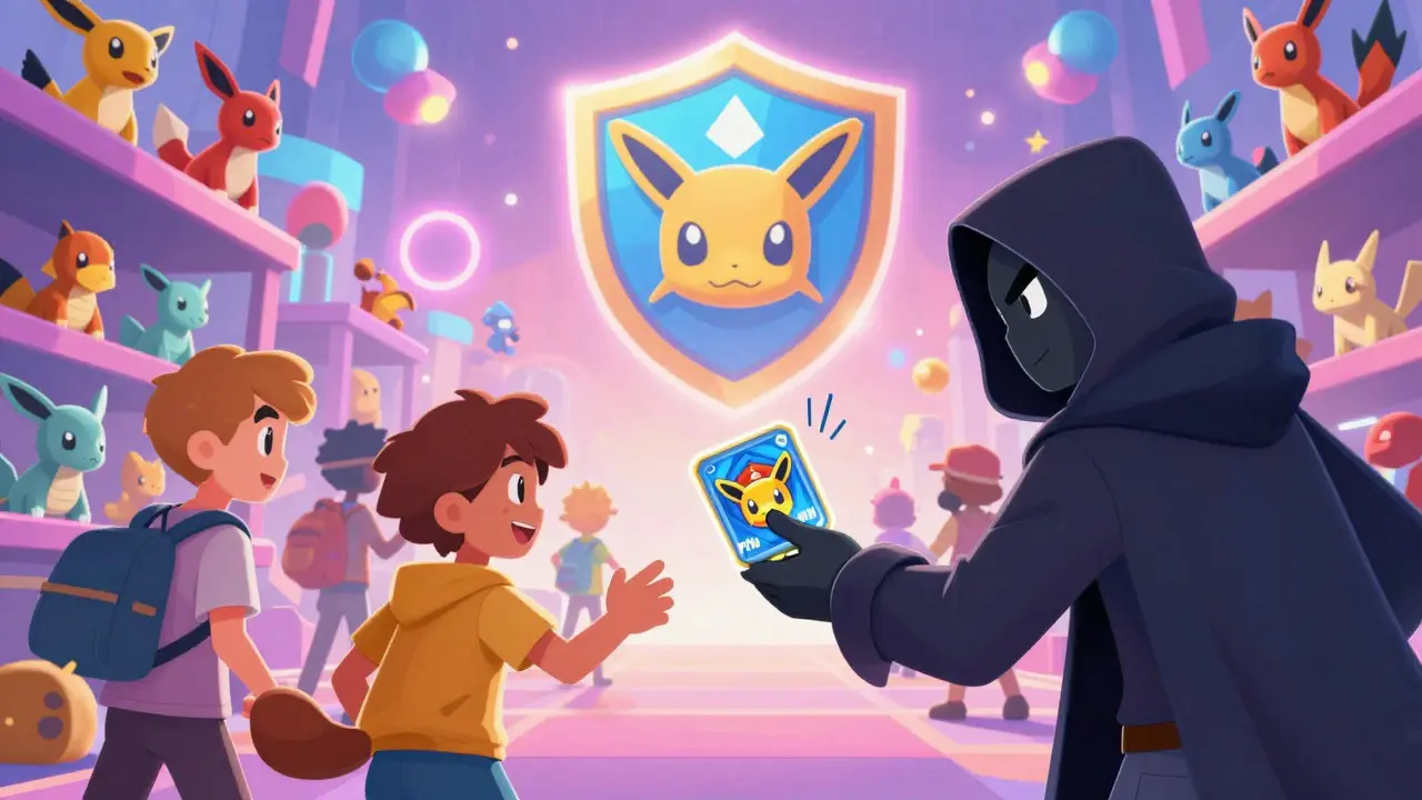 A marketplace where a scammer offers fake PYM tokens while the real PlayerMon logo glows in the background.