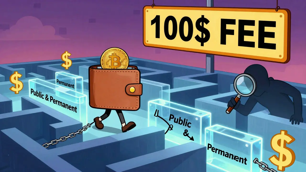 A person sends crypto through a public ledger maze while fees and trackers loom large.