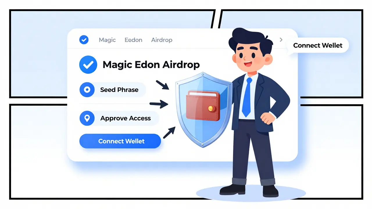 A user safely claiming a real airdrop from Magic Eden, protected from phishing attacks.