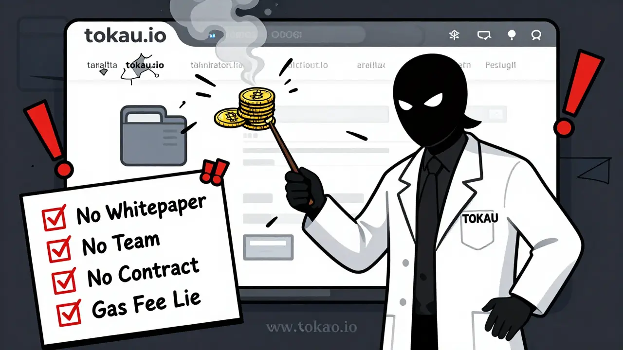 A villain in a lab coat turning crypto into smoke beside a fake website with red flags.