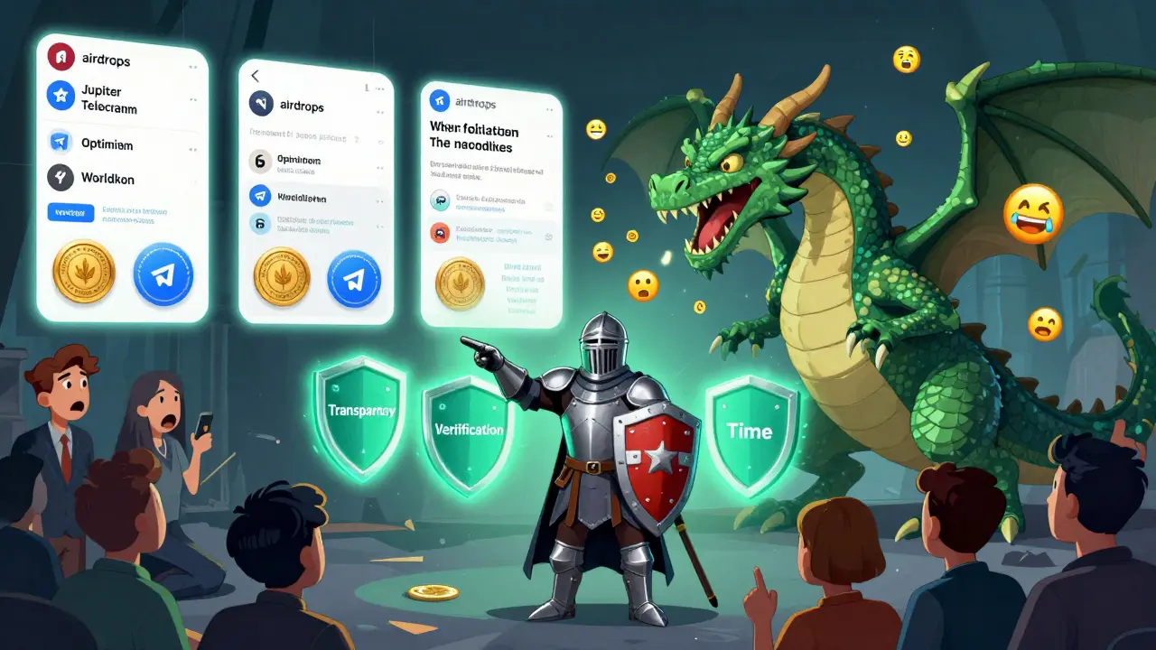 A wallet knight protecting users from a phishing dragon while real airdrops glow safely behind.